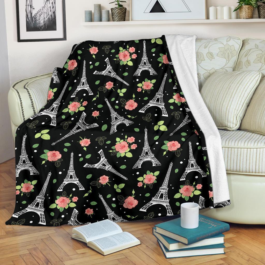 Eiffel Tower Floral Print Pattern Blanket-grizzshop