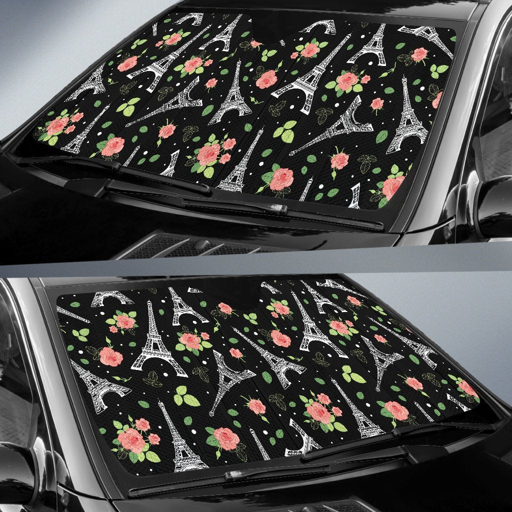 Eiffel Tower Floral Print Pattern Car Sun Shade-grizzshop