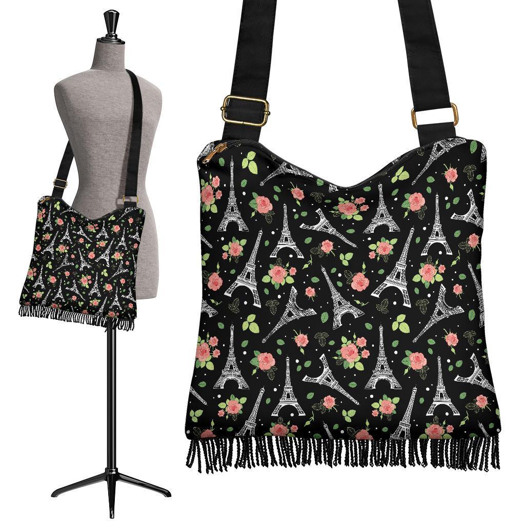 Eiffel Tower Floral Print Pattern Crossbody bags-grizzshop