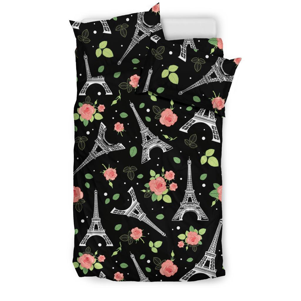 Eiffel Tower Floral Print Pattern Duvet Cover Bedding Set-grizzshop