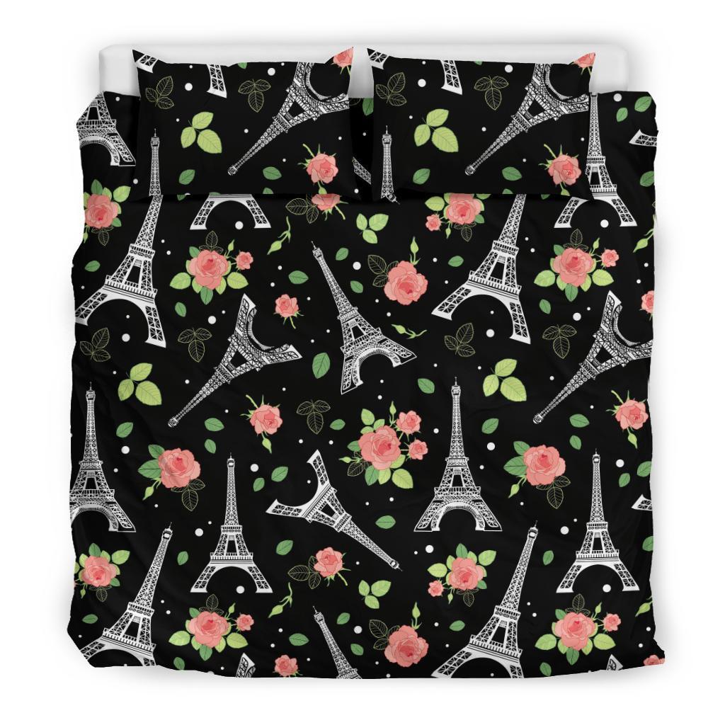 Eiffel Tower Floral Print Pattern Duvet Cover Bedding Set-grizzshop