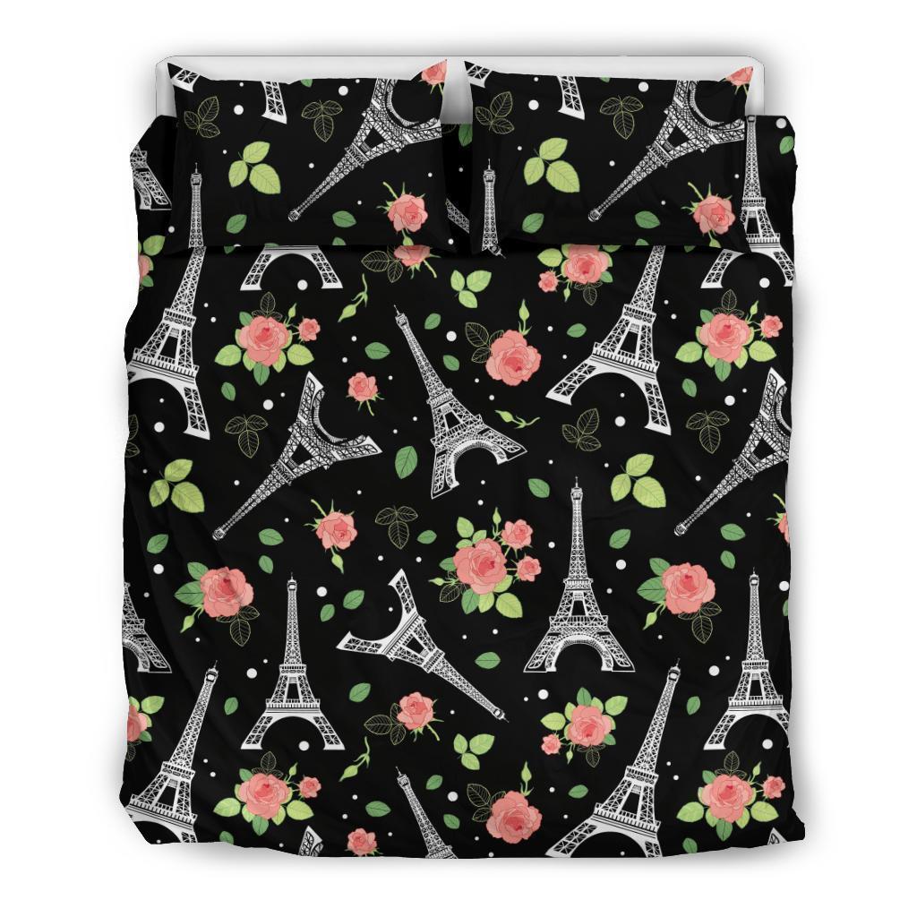 Eiffel Tower Floral Print Pattern Duvet Cover Bedding Set-grizzshop