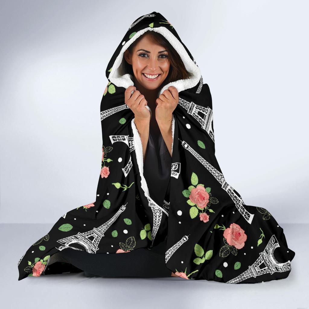 Eiffel Tower Floral Print Pattern Hooded Blanket-grizzshop