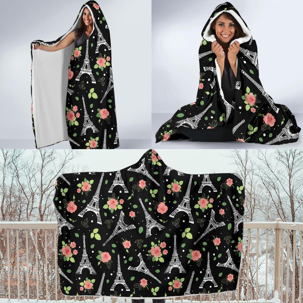 Eiffel Tower Floral Print Pattern Hooded Blanket-grizzshop