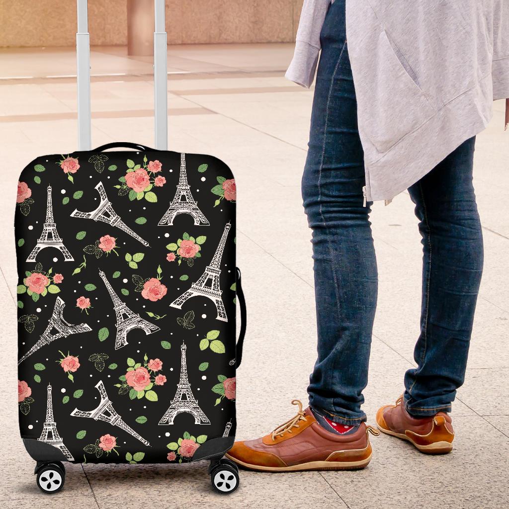 Eiffel Tower Floral Print Pattern Luggage Cover Protector-grizzshop