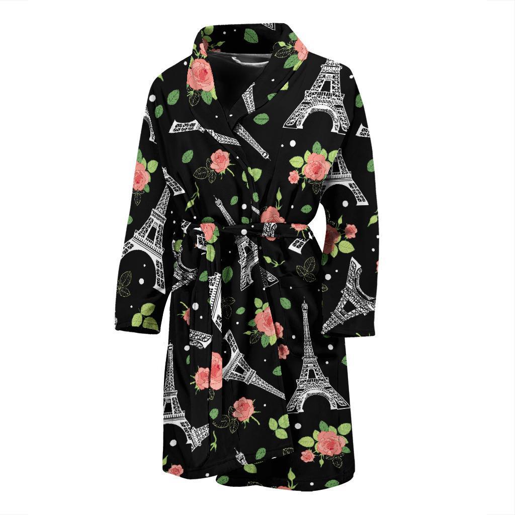 Eiffel Tower Floral Print Pattern Men Long Robe-grizzshop