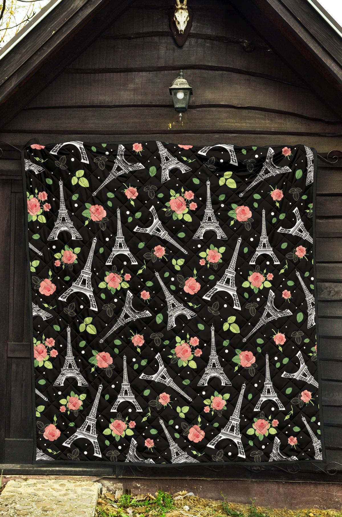 Eiffel Tower Floral Print Pattern Quilt-grizzshop