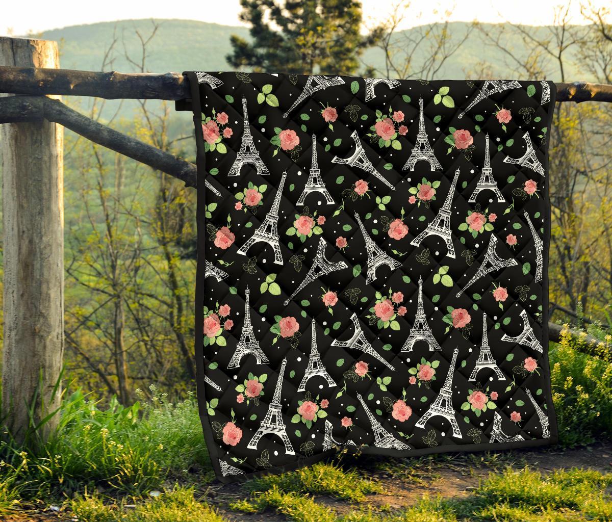 Eiffel Tower Floral Print Pattern Quilt-grizzshop