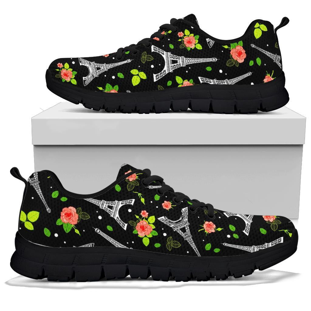 Eiffel Tower Floral Print Pattern Sneaker Shoes For Men Women-grizzshop