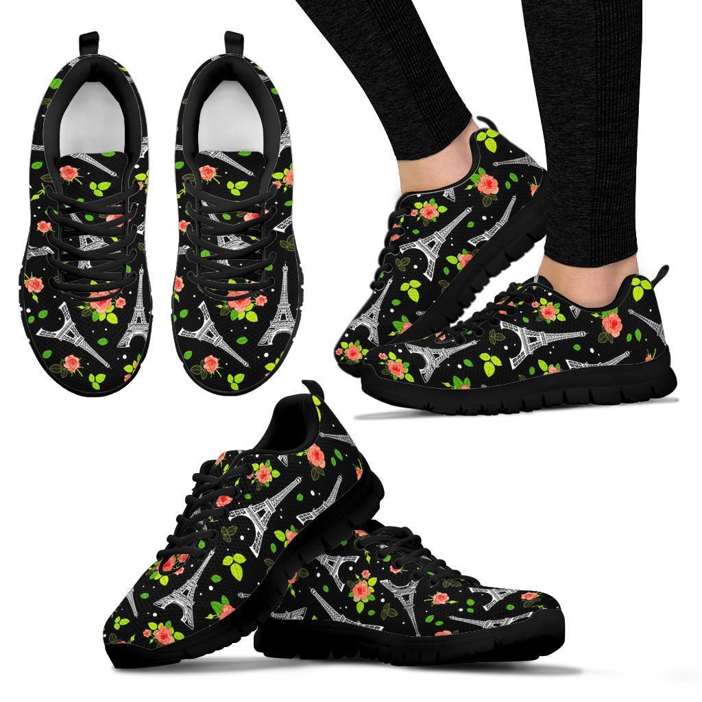 Eiffel Tower Floral Print Pattern Sneaker Shoes For Men Women-grizzshop