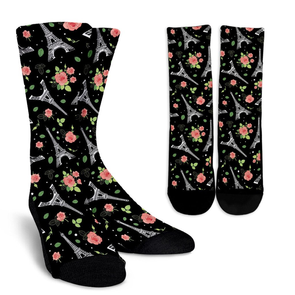 Eiffel Tower Floral Print Pattern Unisex Crew Socks-grizzshop