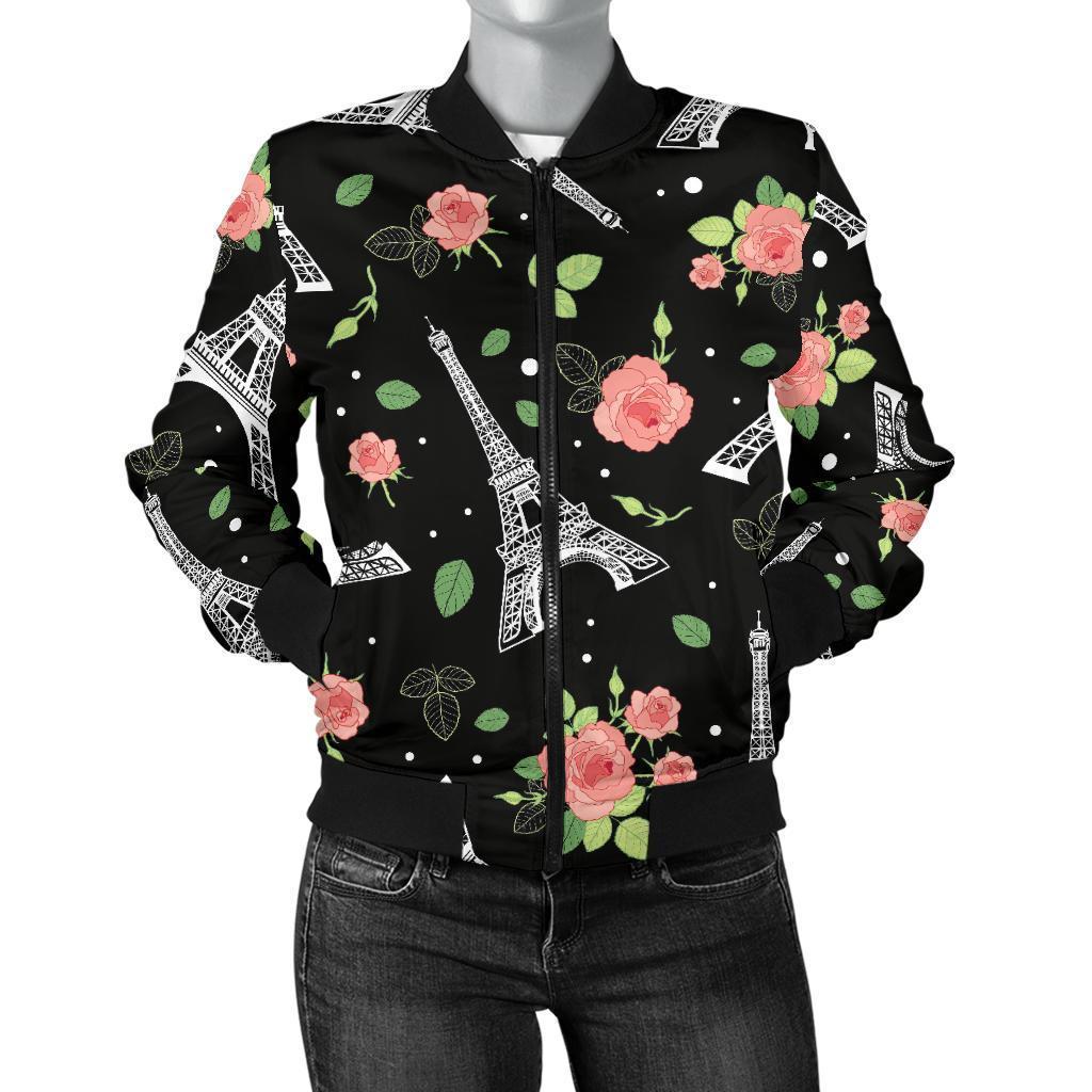 Eiffel Tower Floral Print Pattern Women Casual Bomber Jacket-grizzshop
