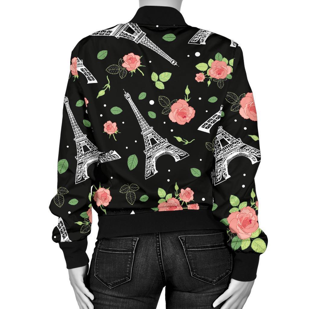 Eiffel Tower Floral Print Pattern Women Casual Bomber Jacket-grizzshop