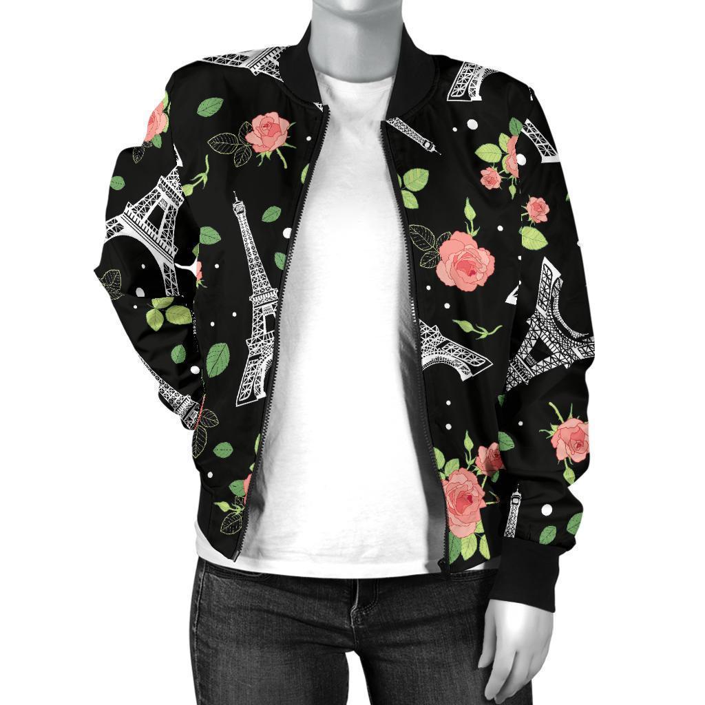 Eiffel Tower Floral Print Pattern Women Casual Bomber Jacket-grizzshop