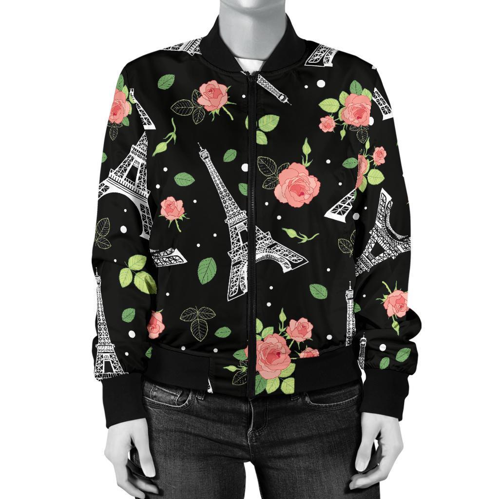 Eiffel Tower Floral Print Pattern Women Casual Bomber Jacket-grizzshop