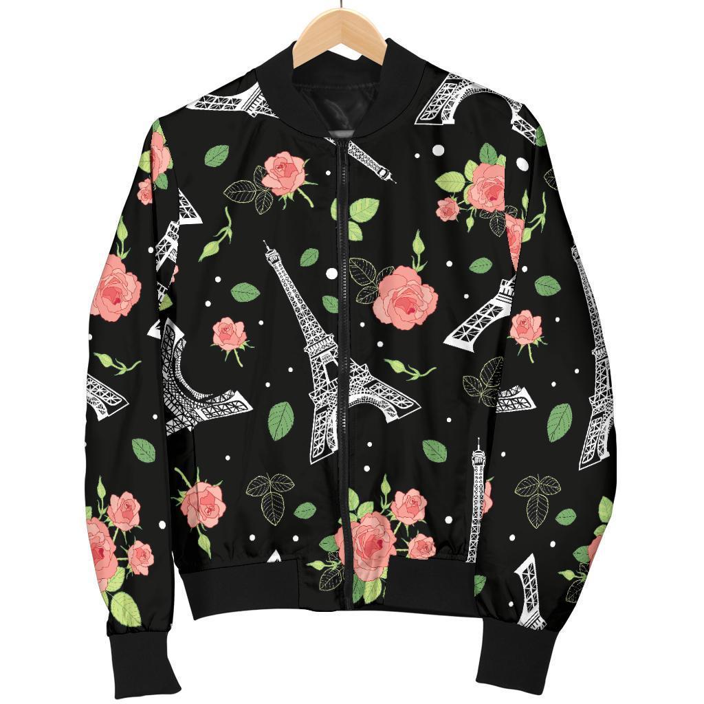 Eiffel Tower Floral Print Pattern Women Casual Bomber Jacket-grizzshop