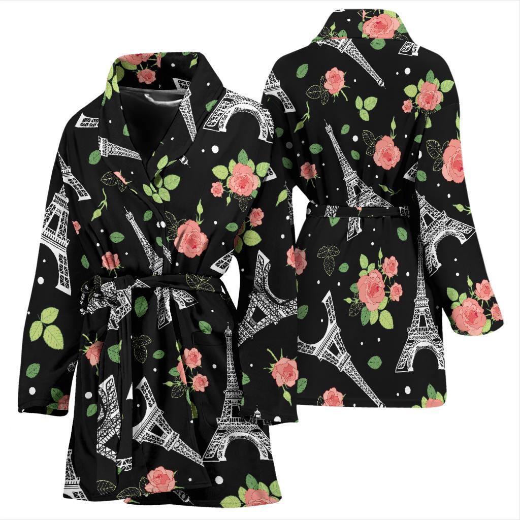 Eiffel Tower Floral Print Pattern Women Long Robe-grizzshop