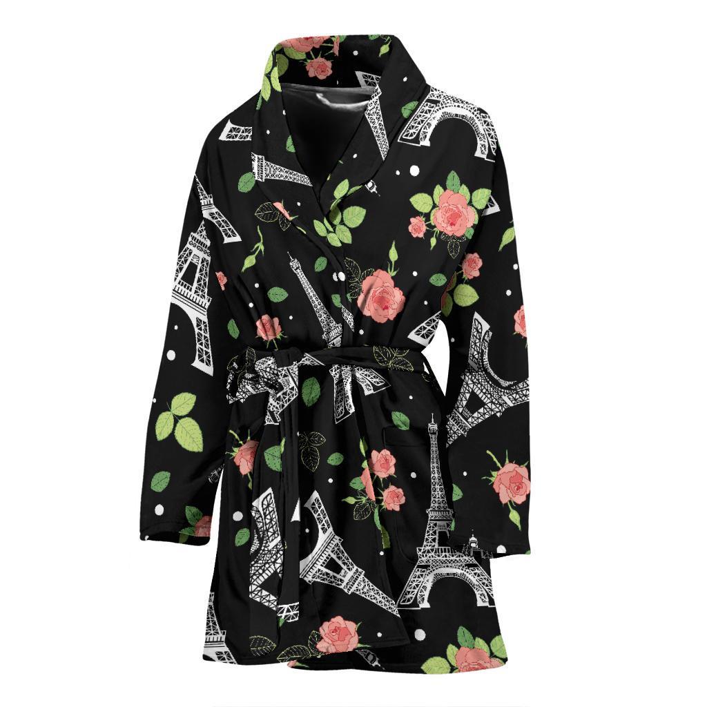 Eiffel Tower Floral Print Pattern Women Long Robe-grizzshop