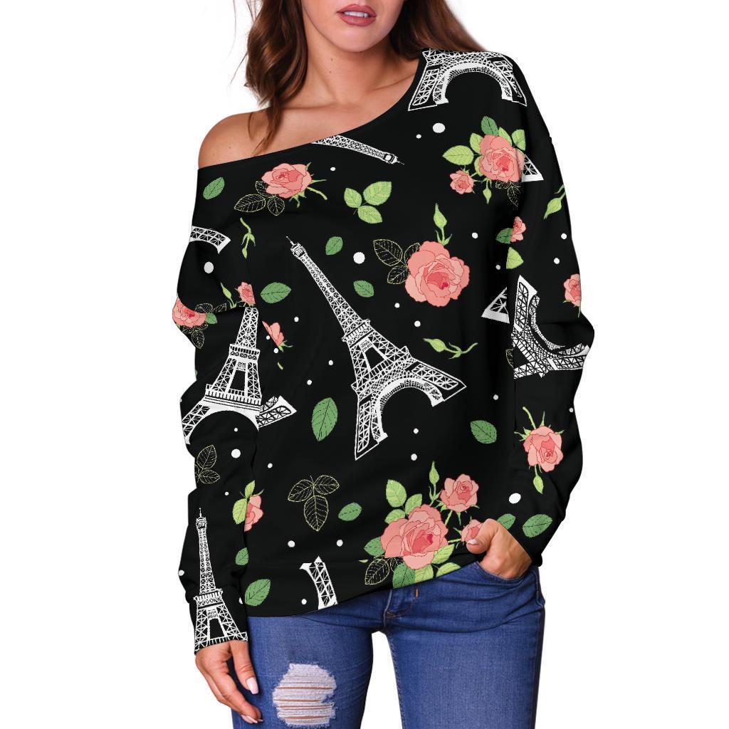 Eiffel Tower Floral Print Pattern Women Off Shoulder Sweatshirt-grizzshop