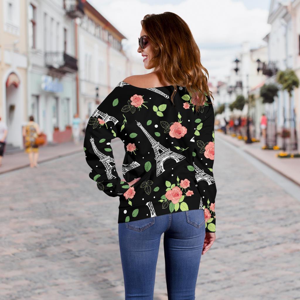 Eiffel Tower Floral Print Pattern Women Off Shoulder Sweatshirt-grizzshop