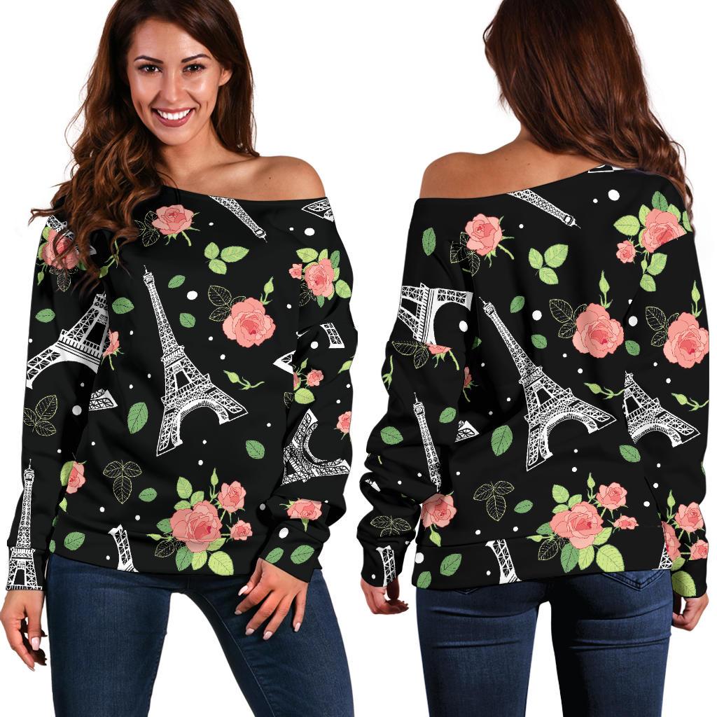 Eiffel Tower Floral Print Pattern Women Off Shoulder Sweatshirt-grizzshop