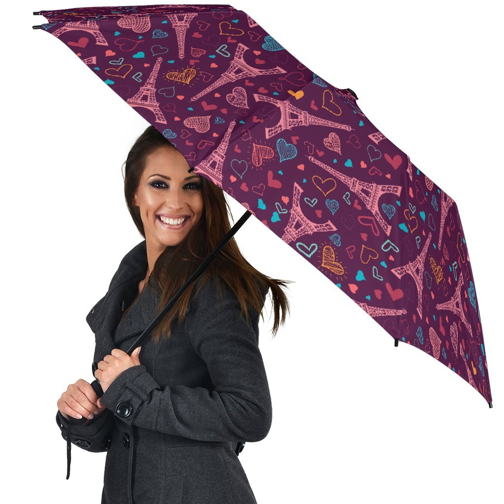 Eiffel Tower Heart Pattern Print Automatic Foldable Umbrella-grizzshop