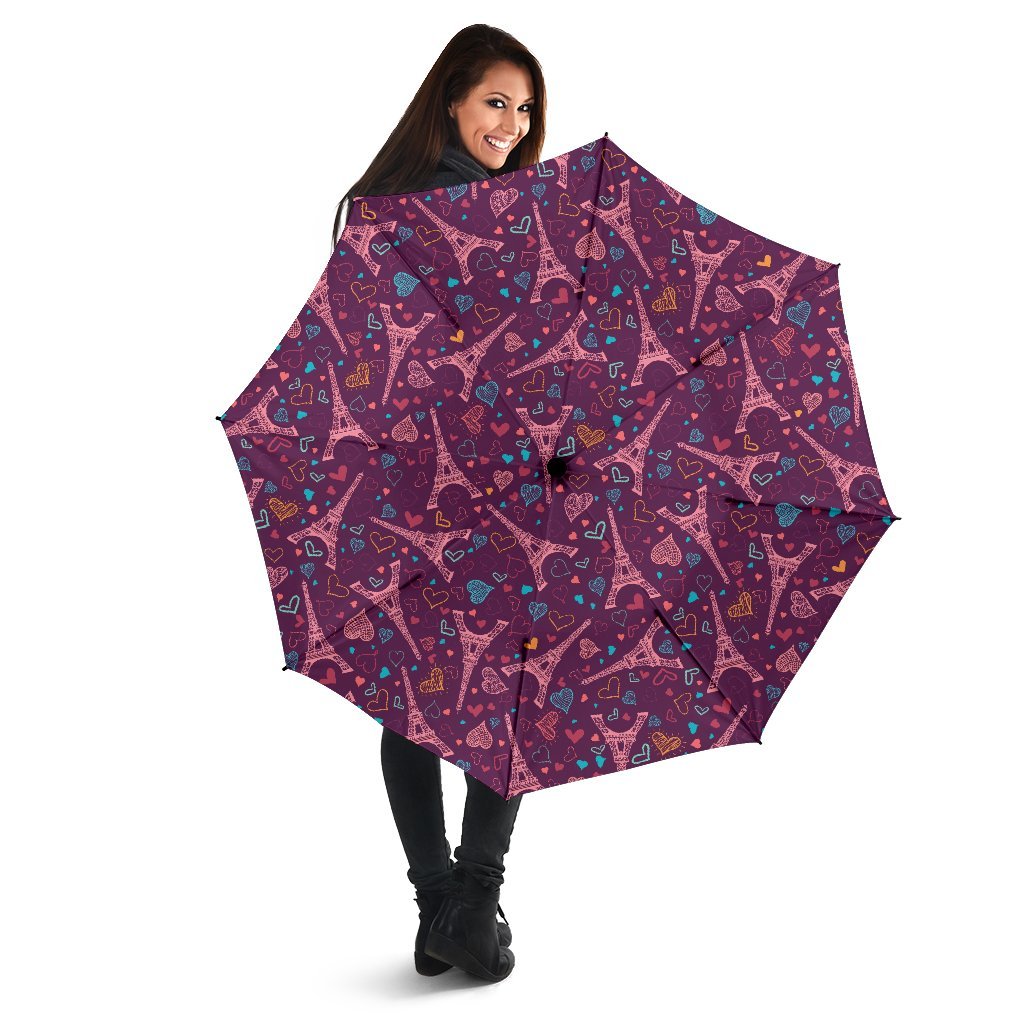 Eiffel Tower Heart Pattern Print Automatic Foldable Umbrella-grizzshop
