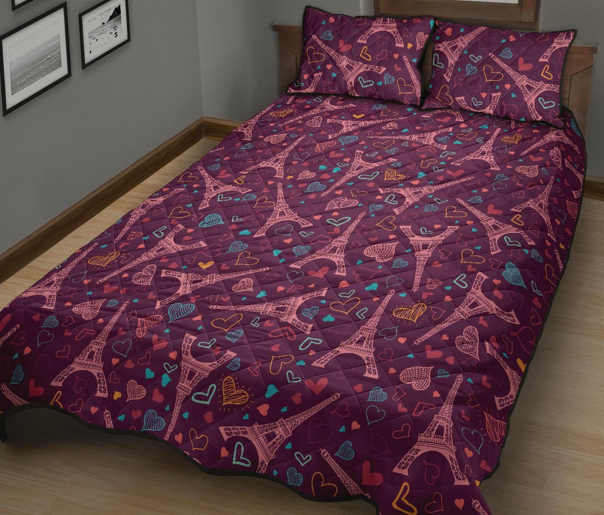 Eiffel Tower Heart Pattern Print Bed Set Quilt-grizzshop