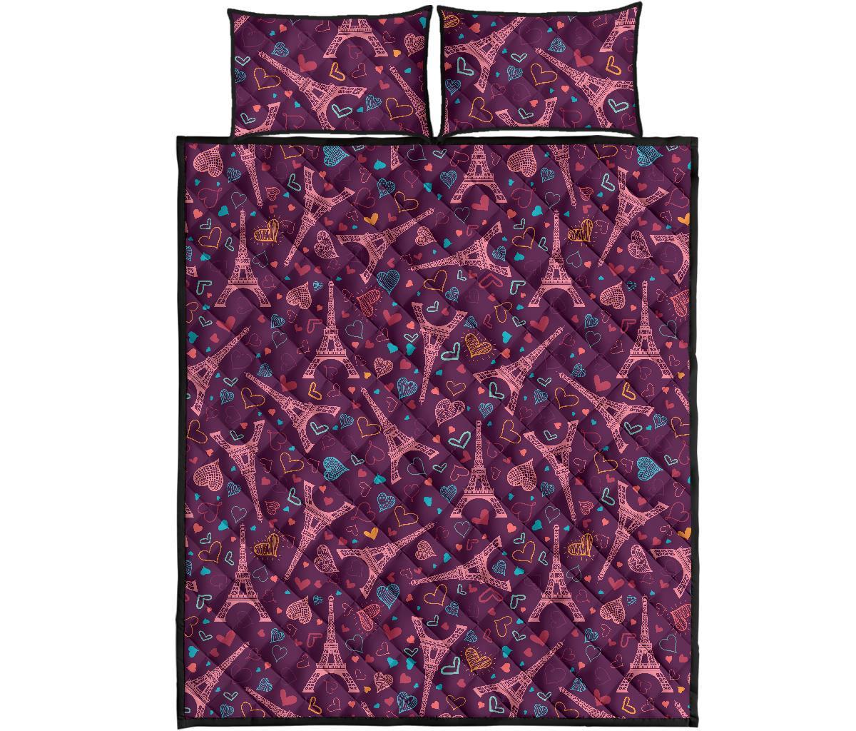 Eiffel Tower Heart Pattern Print Bed Set Quilt-grizzshop