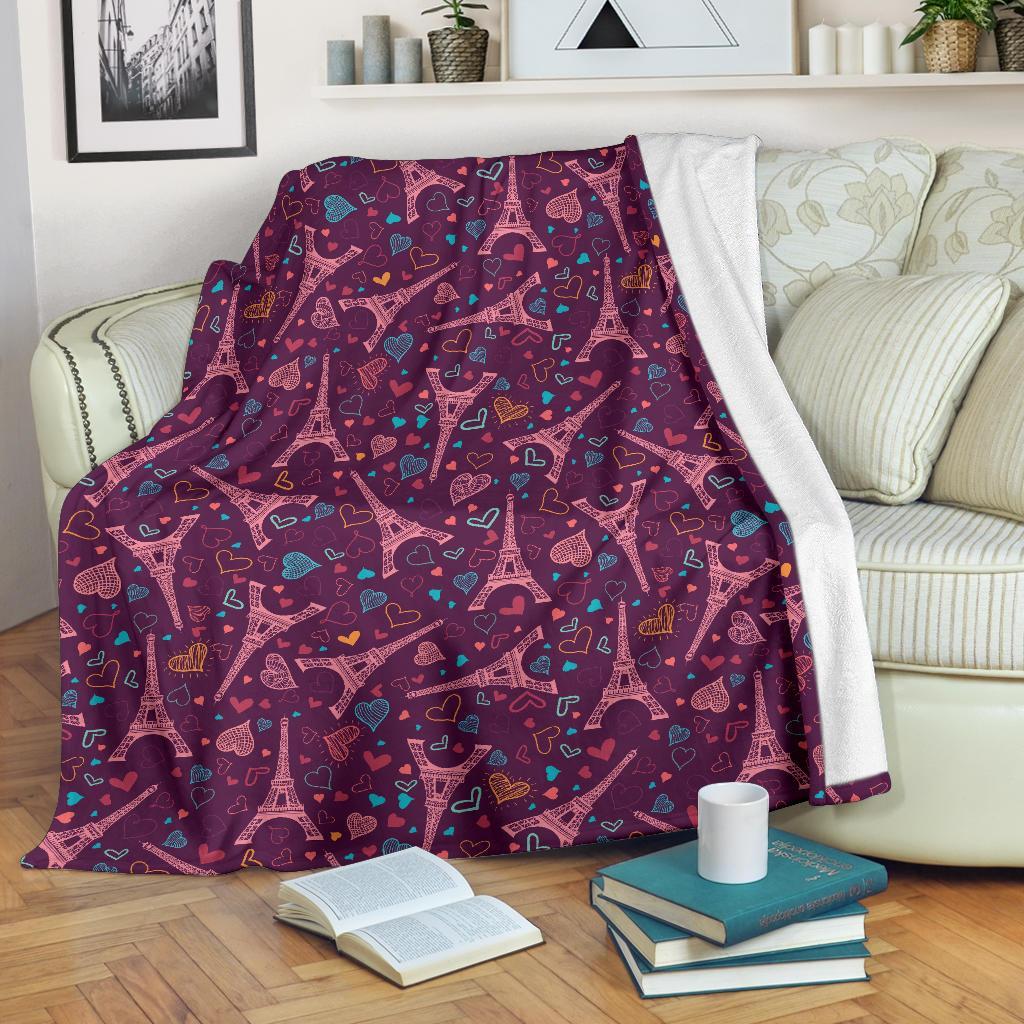 Eiffel Tower Heart Pattern Print Blanket-grizzshop