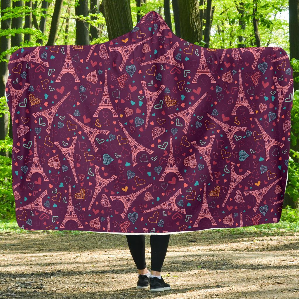 Eiffel Tower Heart Pattern Print Hooded Blanket-grizzshop