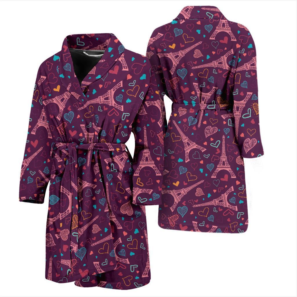 Eiffel Tower Heart Pattern Print Men Long Robe-grizzshop