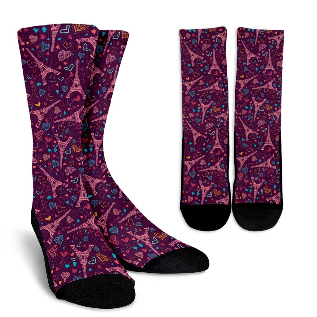 Eiffel Tower Heart Pattern Print Unisex Crew Socks-grizzshop