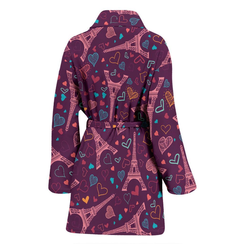 Eiffel Tower Heart Pattern Print Women Long Robe-grizzshop