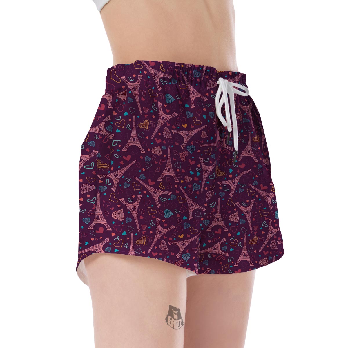 Eiffel Tower Heart Pattern Print Women's Shorts-grizzshop