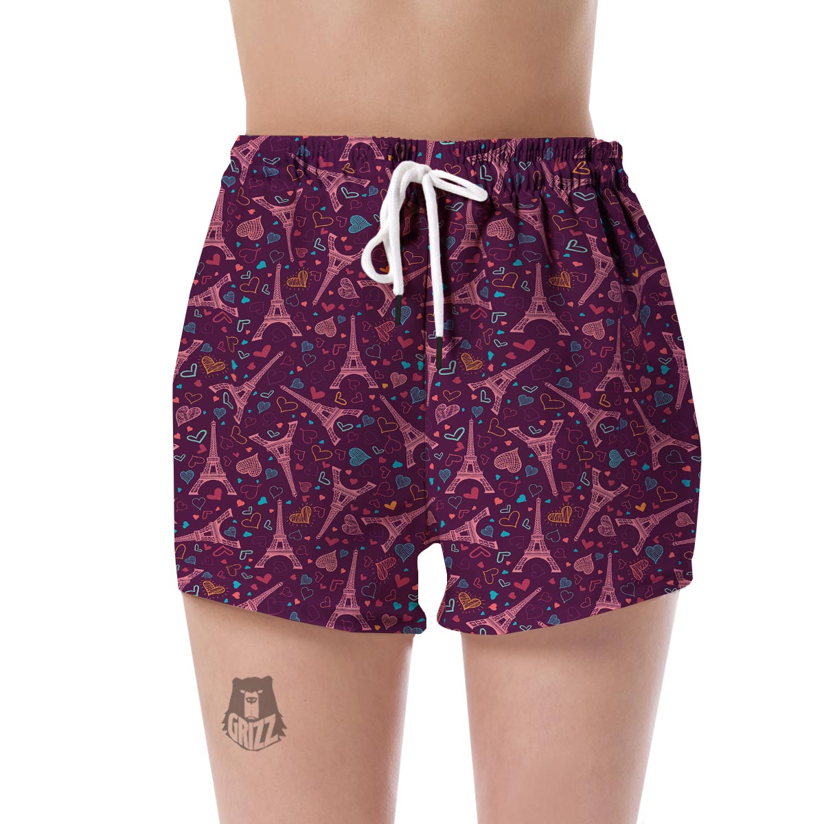 Eiffel Tower Heart Pattern Print Women's Shorts-grizzshop