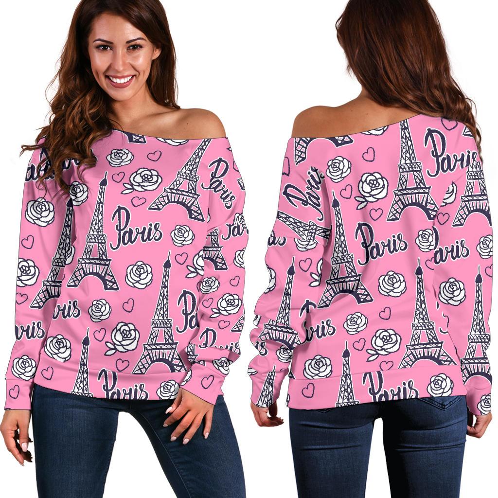 Eiffel Tower Print Pattern Women Off Shoulder Sweatshirt-grizzshop