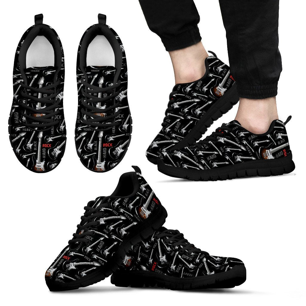 Electric Guitar Pattern Print Black Sneaker Shoes For Men Women-grizzshop