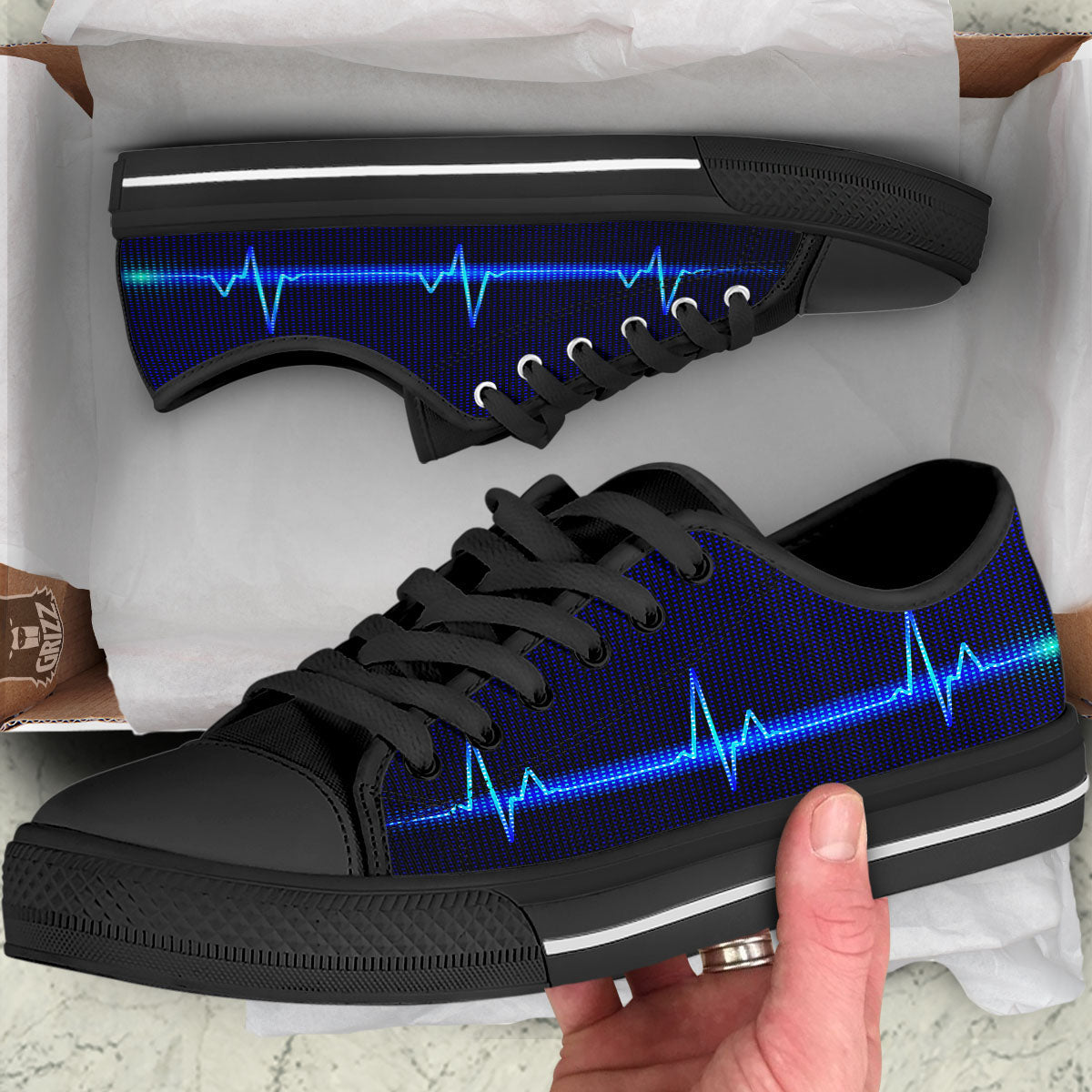 Electrocardiogram Heartbeat Print Black Low Top Shoes-grizzshop