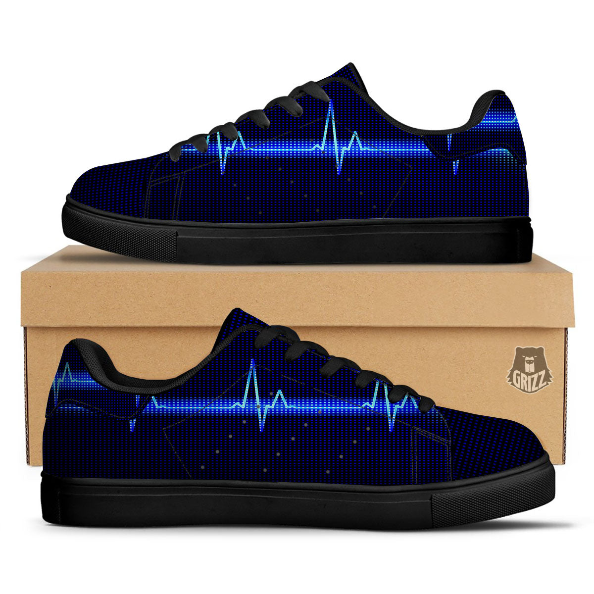 Electrocardiogram Heartbeat Print Black Low Top Sneakers-grizzshop