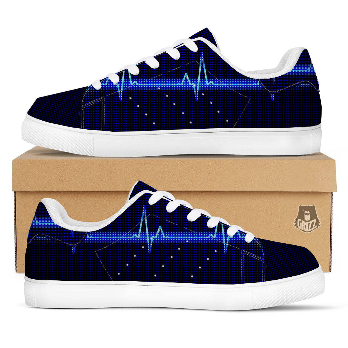 Electrocardiogram Heartbeat Print White Low Top Sneakers-grizzshop