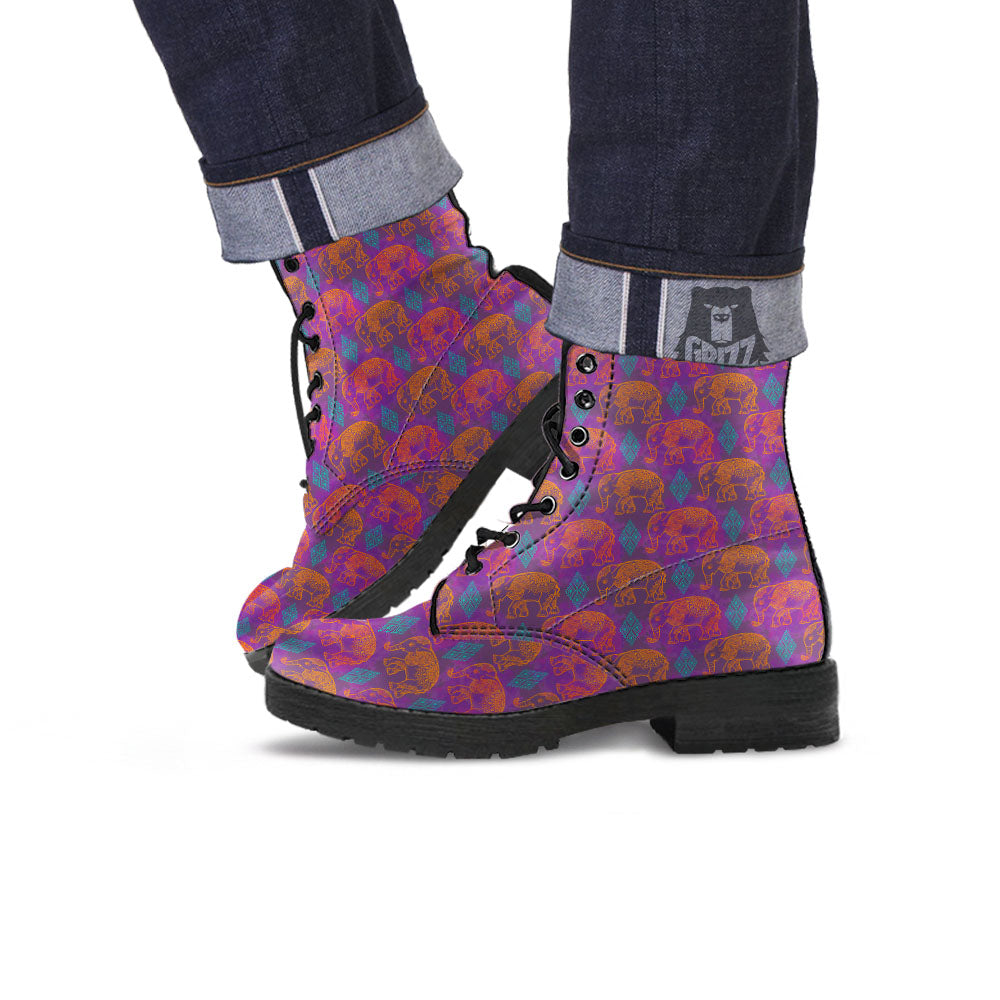 Elephant Indian Boho Print Pattern Leather Boots-grizzshop