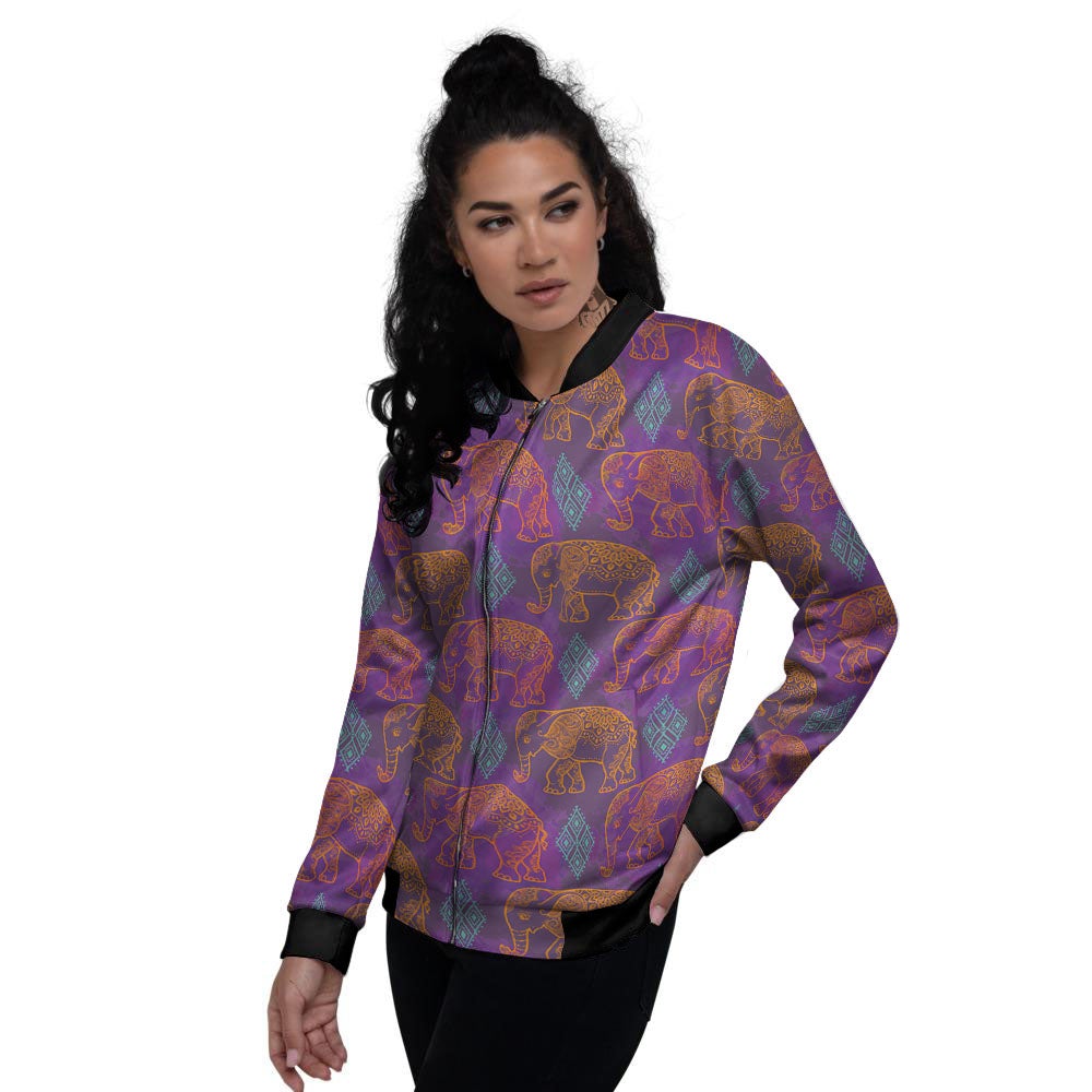Elephant Indian Boho Print Pattern Women's Bomber Jacket-grizzshop