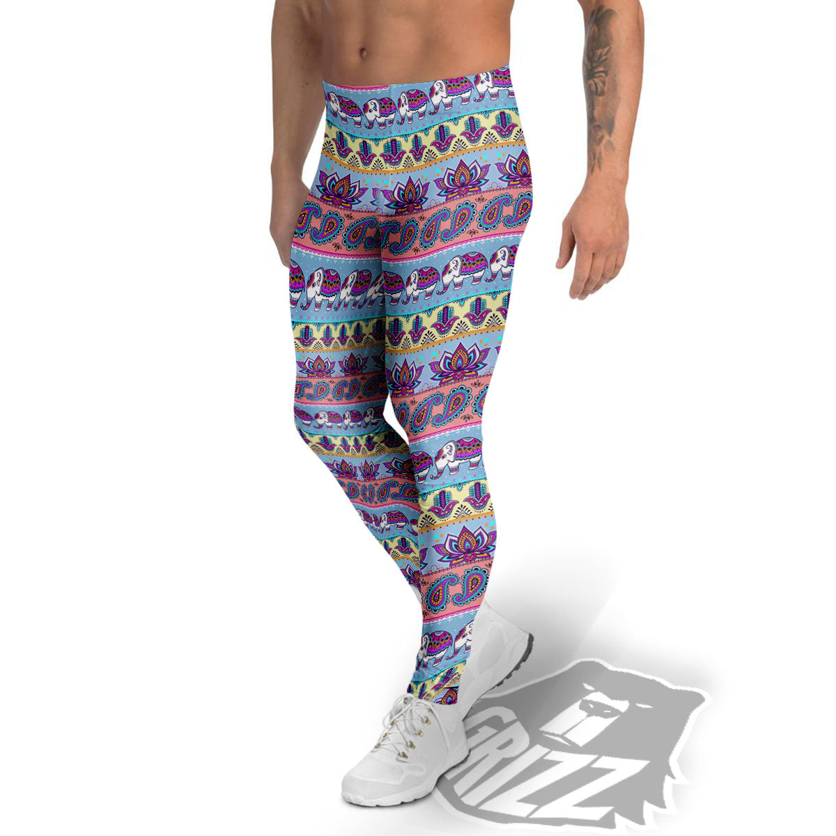 Elephant Indian Colorful Print Pattern Men's Leggings-grizzshop