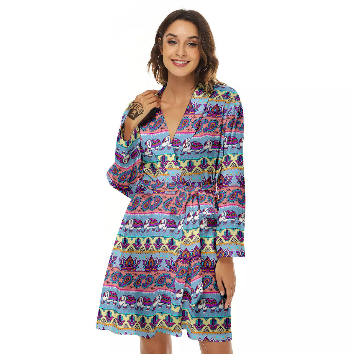 Elephant Indian Colorful Print Pattern Women's Robe-grizzshop