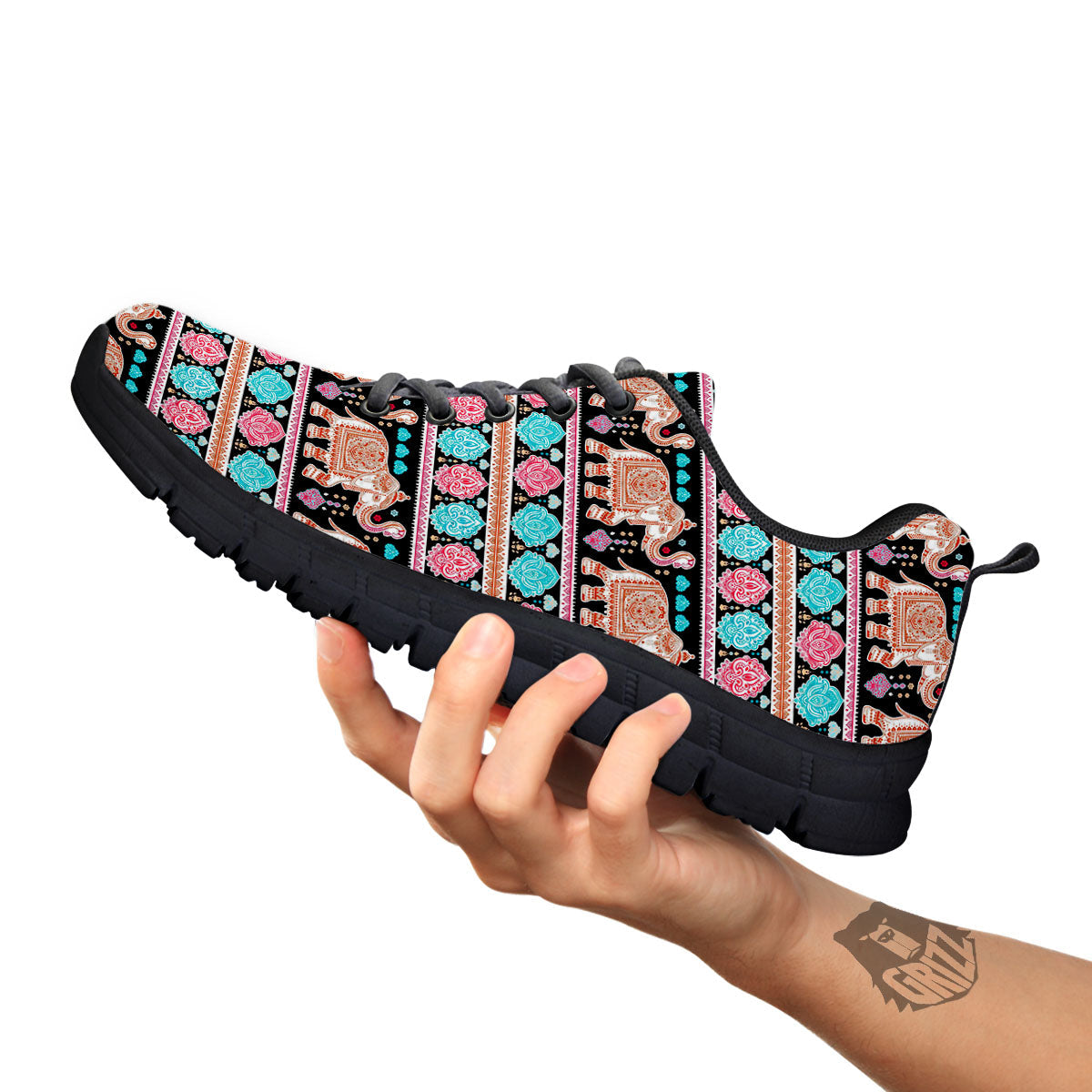 Elephant Indian Tribal Print Pattern Black Sneaker-grizzshop