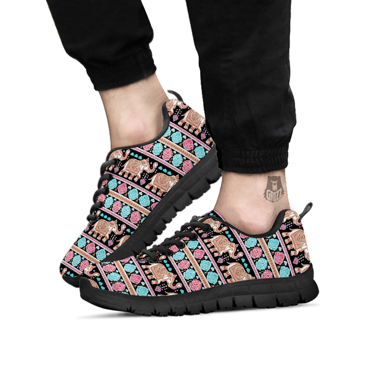 Elephant Indian Tribal Print Pattern Black Sneaker-grizzshop