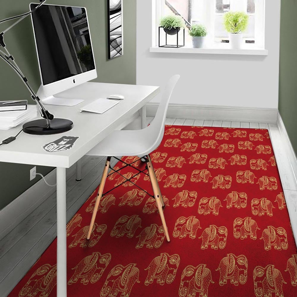Elephant Red Indian Print Pattern Floor Mat-grizzshop