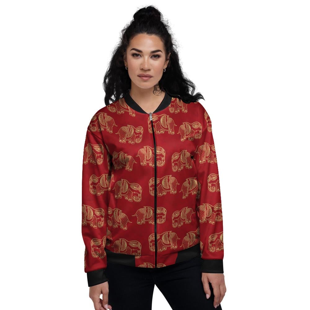 Elephant Red Indian Print Pattern Women's Bomber Jacket-grizzshop