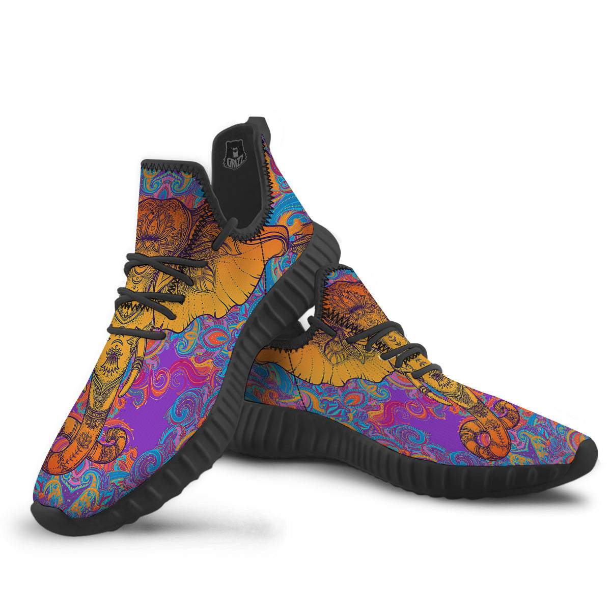 Elephant Spiritual Colorful Print Black Walking Shoes-grizzshop